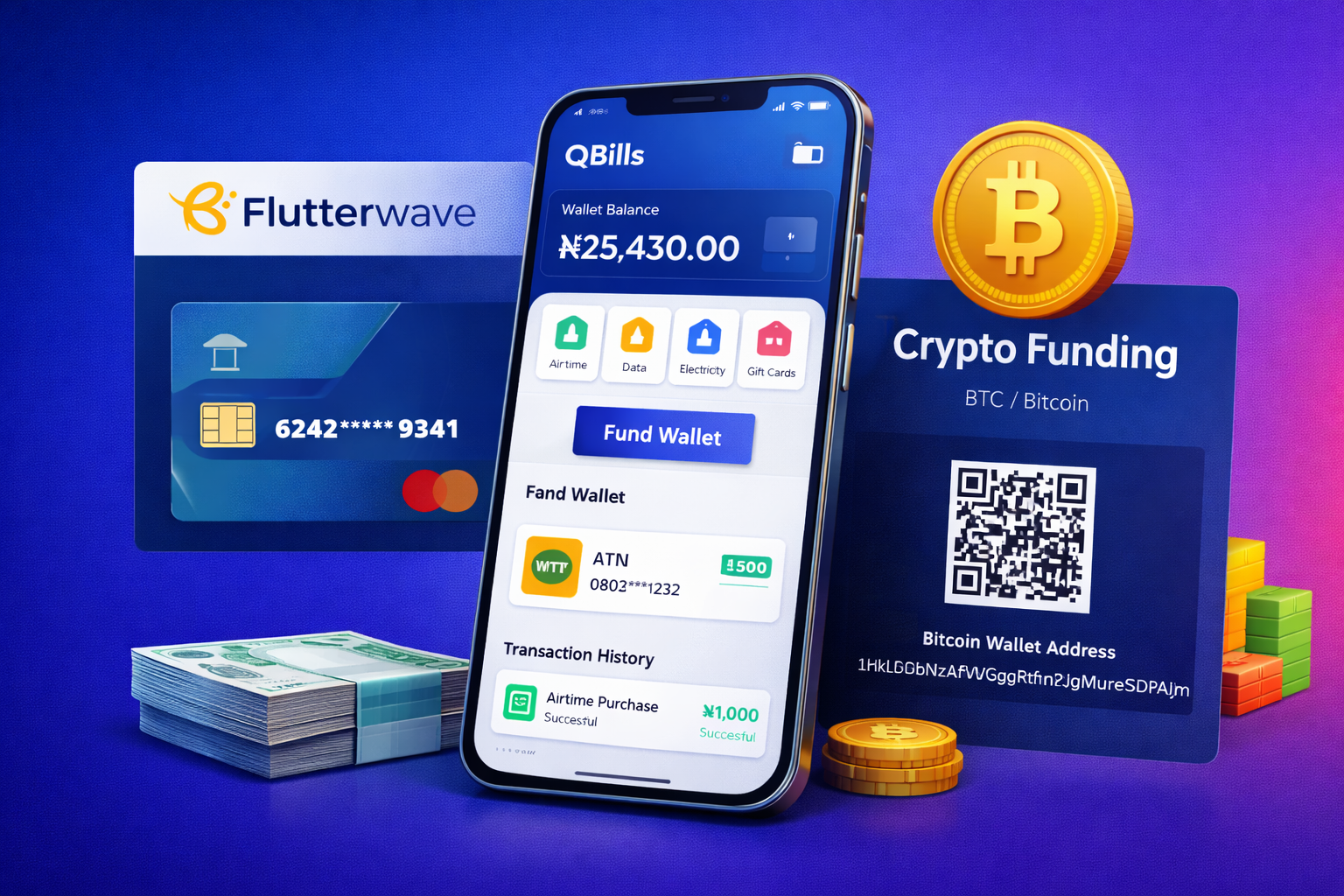 Wallet funding options including card, transfer, USSD and crypto